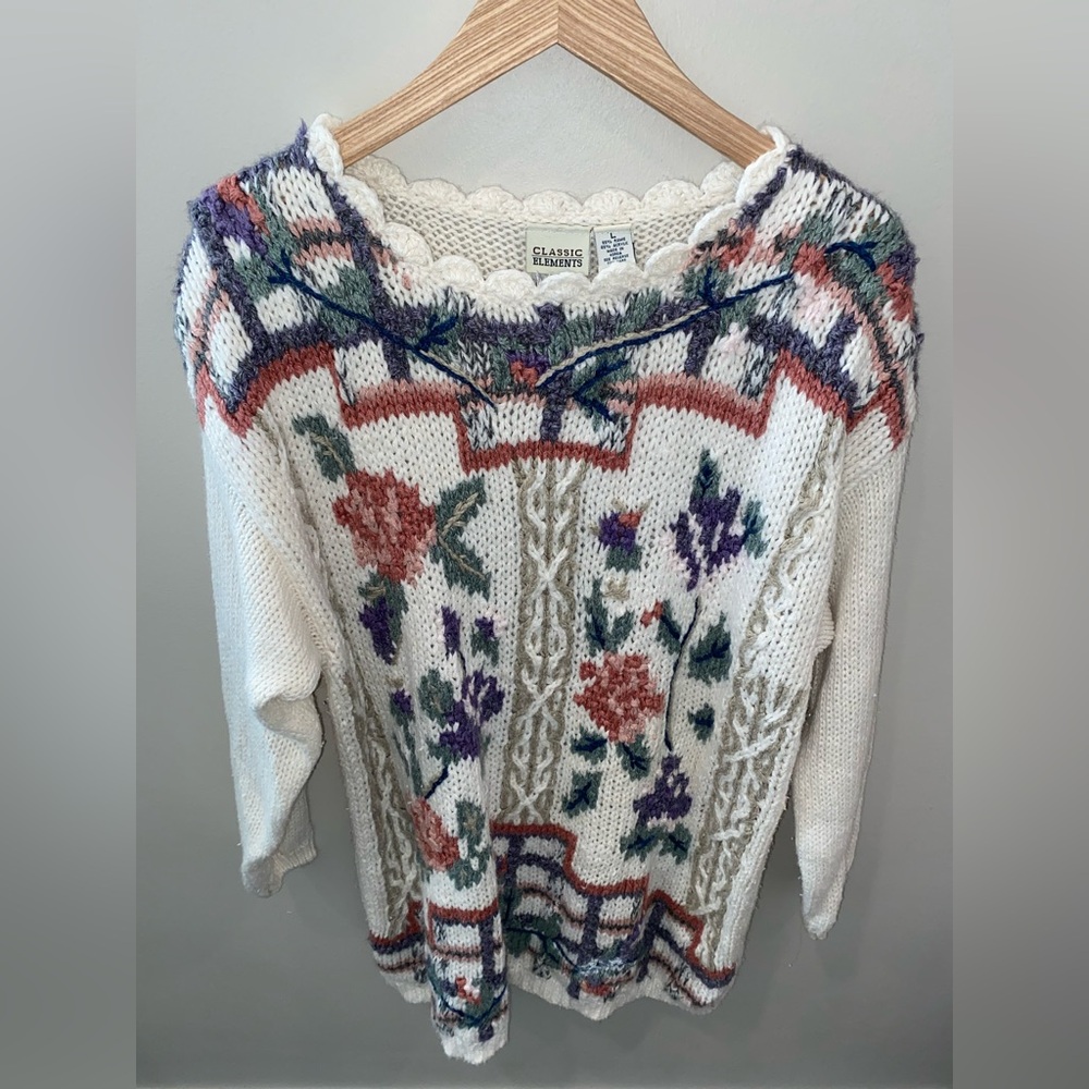 Classic Elements White Floral Embroidered Knit Pullover Sweater Women’s Large